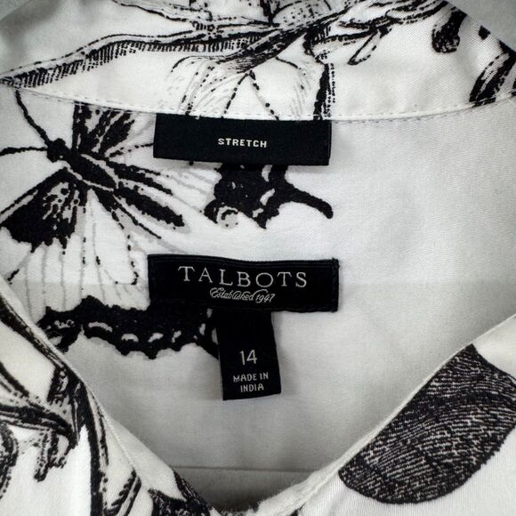 Talbots Top Womens 14 White Butterflies Button Front Shirt Long Sleeve Collared - Picture 2 of 14